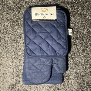 Golden 3 Piece Kitchen Set Oven Mitt , Pot Holder & Towel Navy blue Brand new